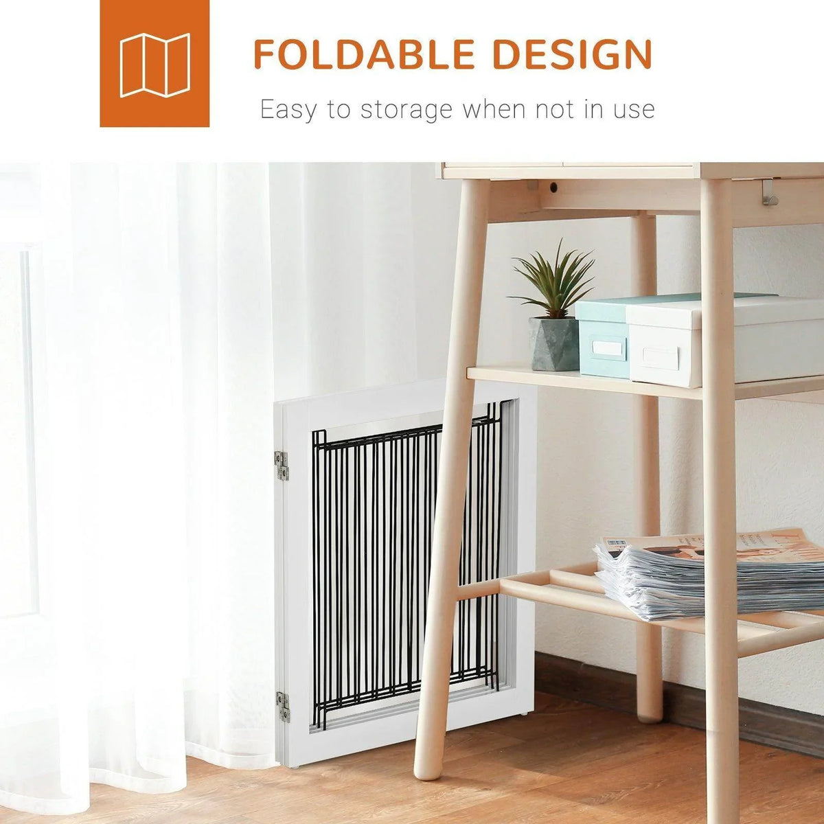 Foldable dog gate with black vertical bars on a white frame; easy storage when folded.
