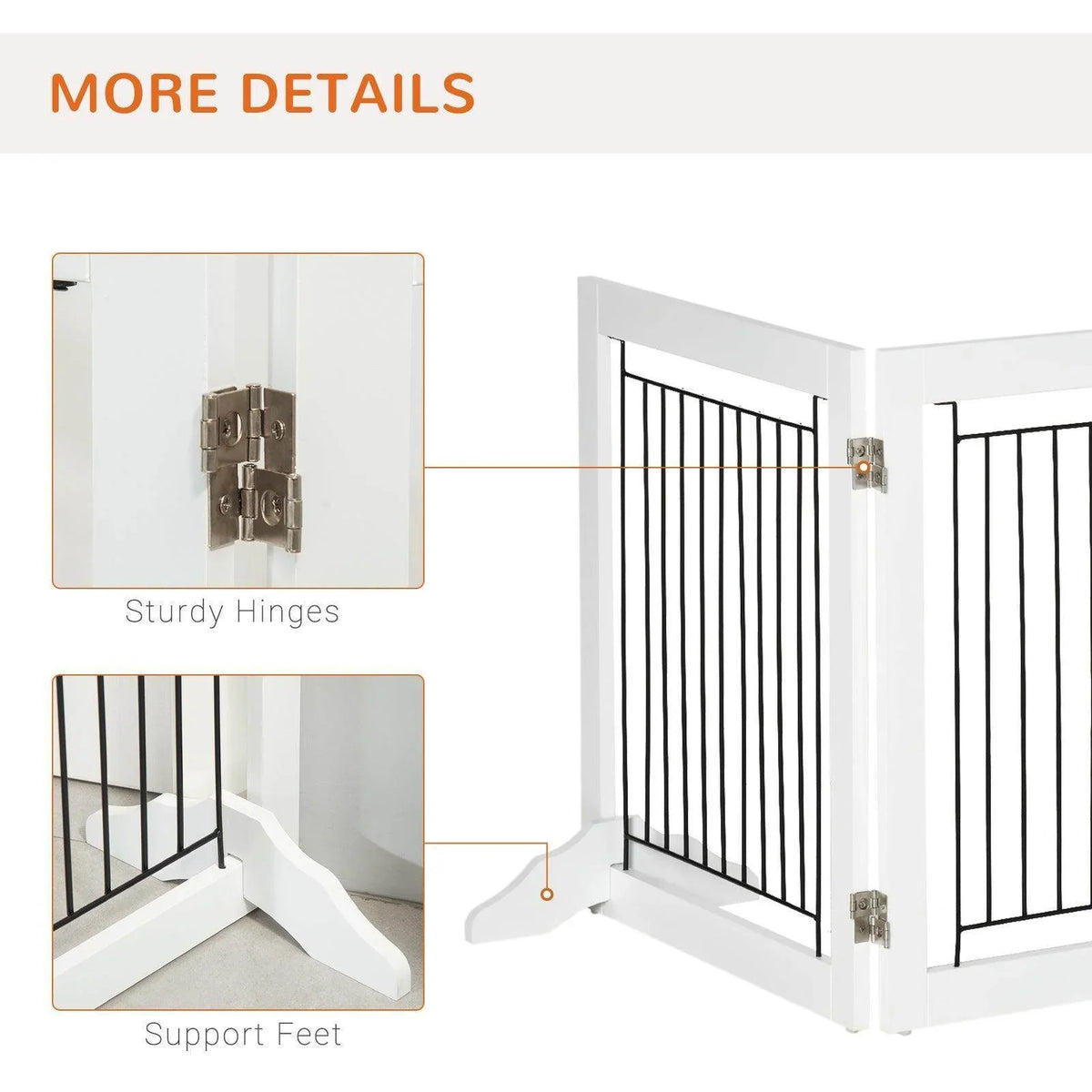 Foldable dog gate detail: sturdy hinges and support feet on a white frame with black bars.