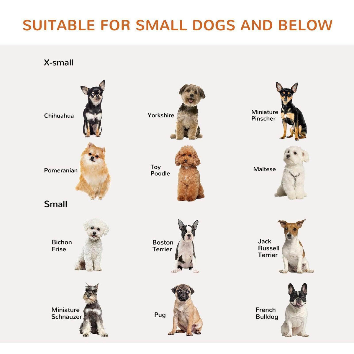 Small dog gate size guide with small dog silhouettes; X-small suitability shown.
