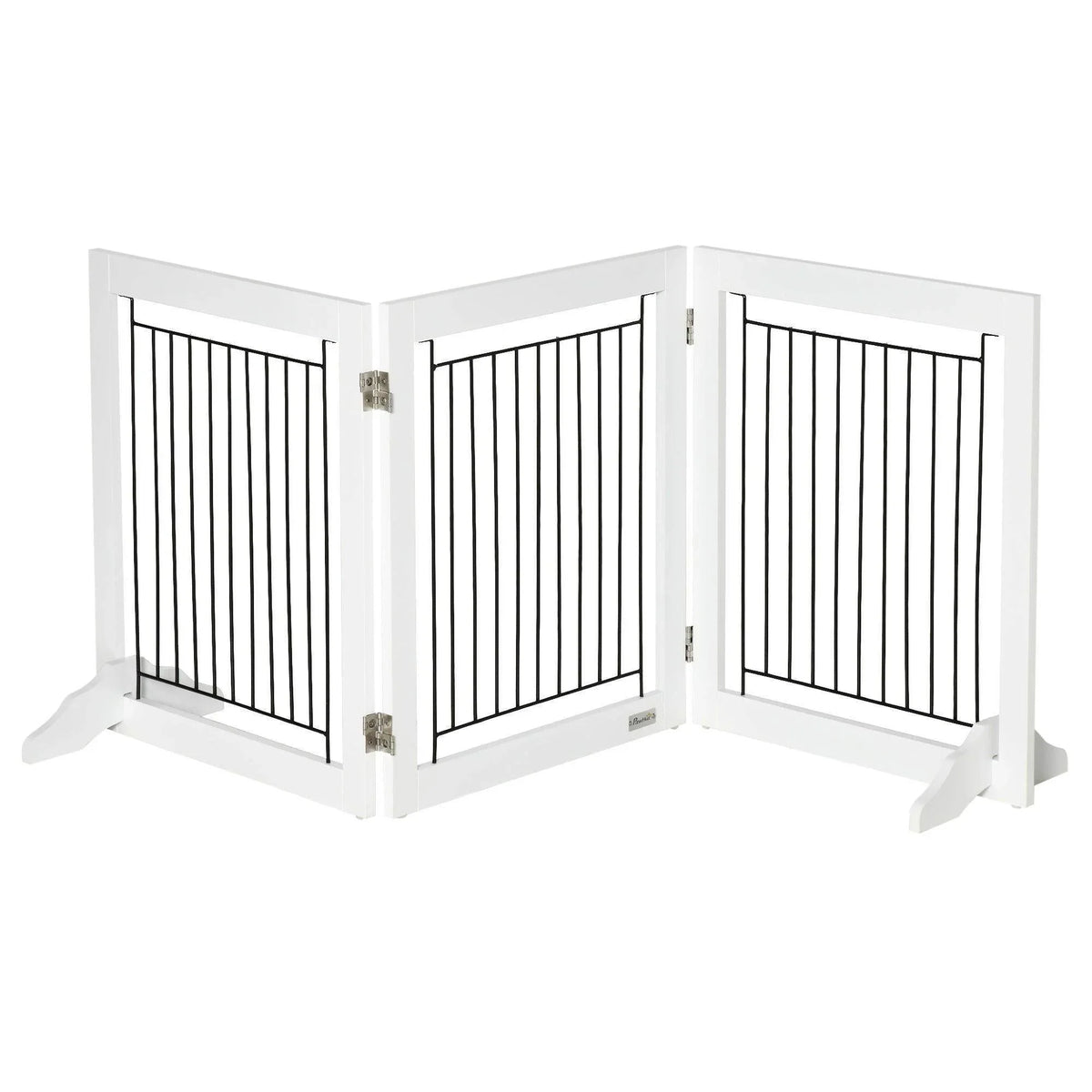 White foldable dog gate corner with three panels, black vertical bars, and support feet.