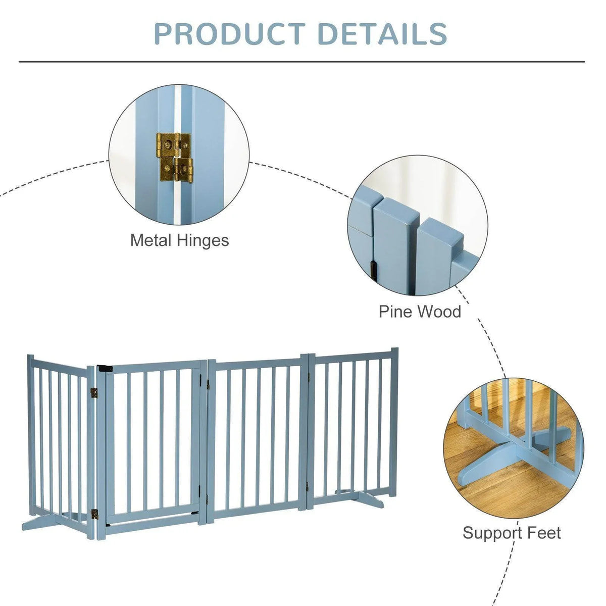 Blue pet gate with pine wood frame, metal hinges, and support feet