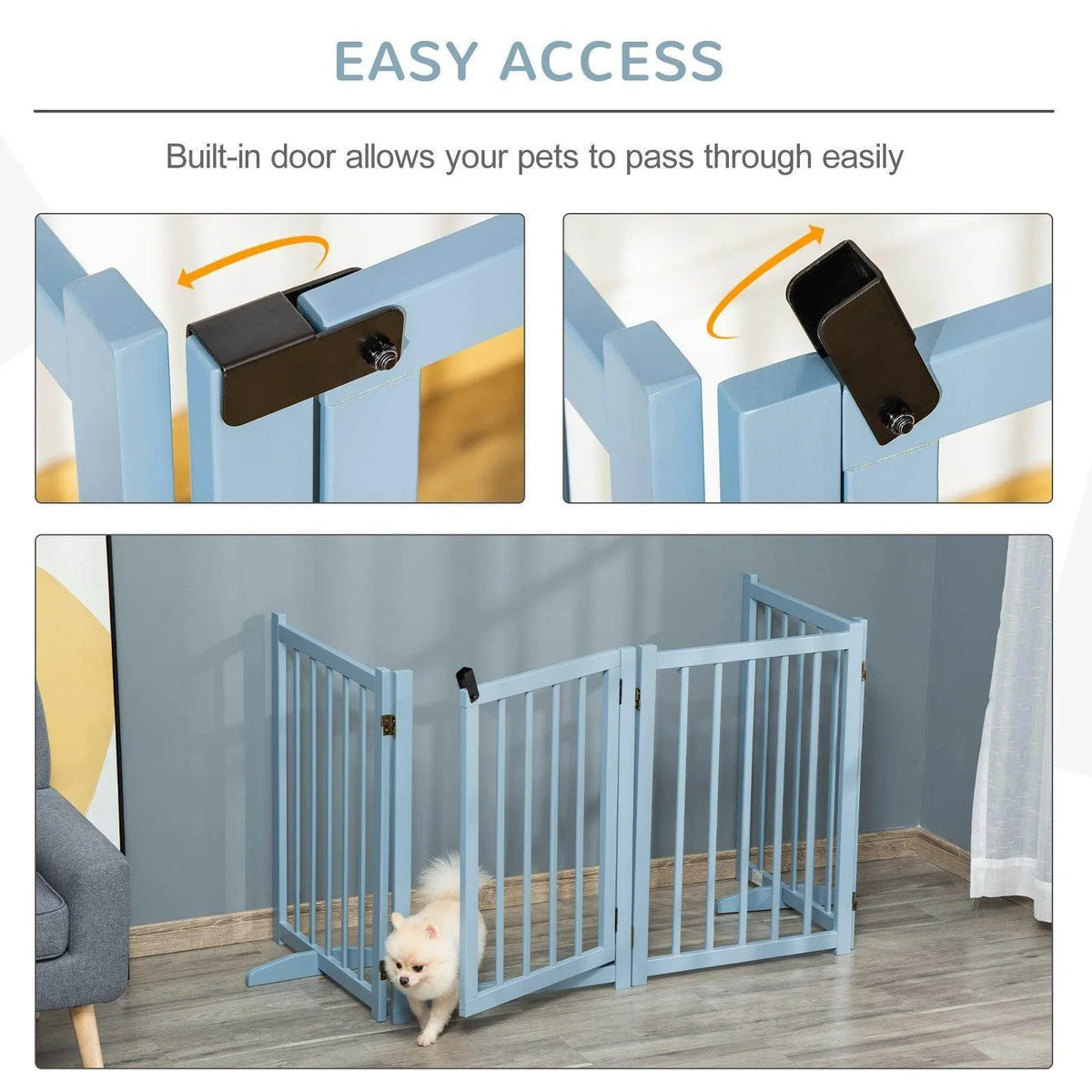 Blue pet gate with built-in swing door and latch for easy pet access