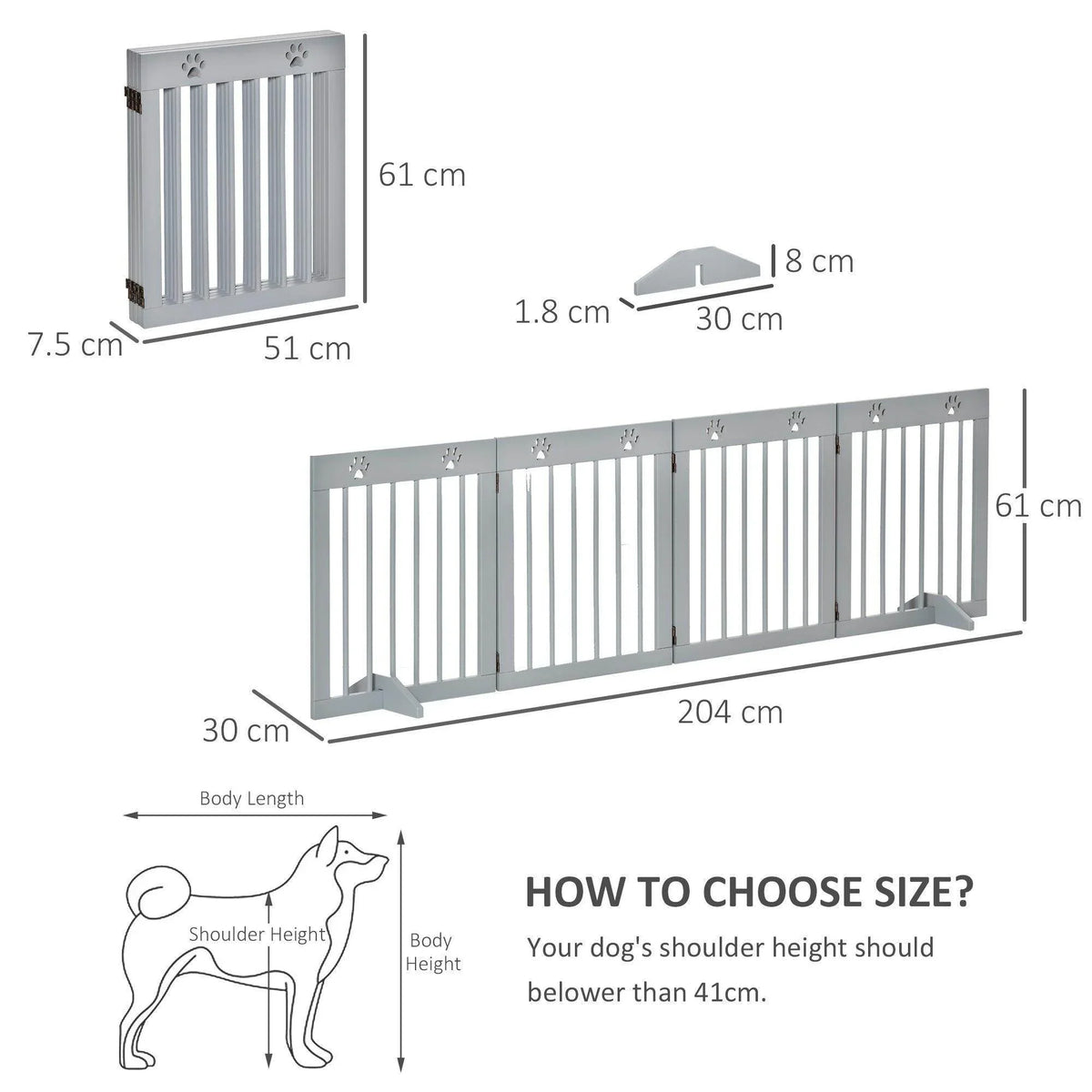 Freestanding pet gate size diagram with gray frame and paw-print top bar