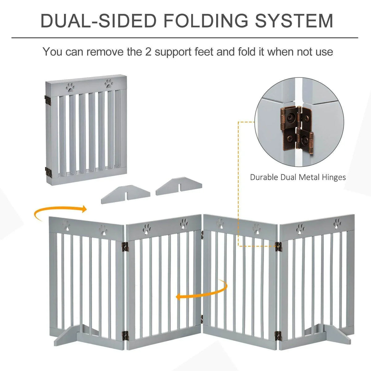 Freestanding pet safety gate with dual-sided folding and metal hinge details