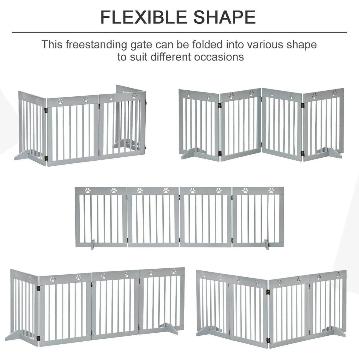 Freestanding pet safety gate with flexible folding into multiple shapes