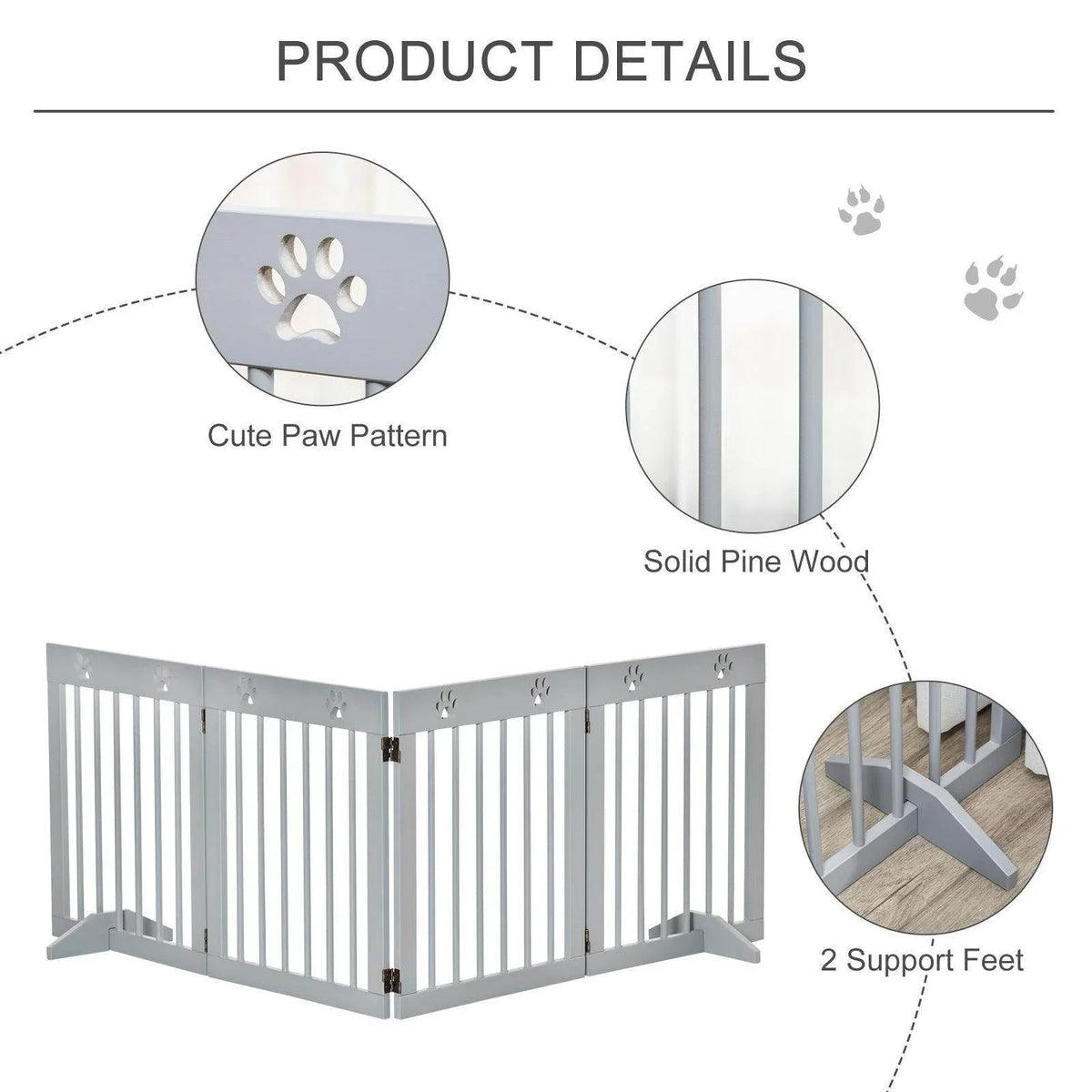 Gray pet gate detail view: paw pattern top and solid pine wood supports
