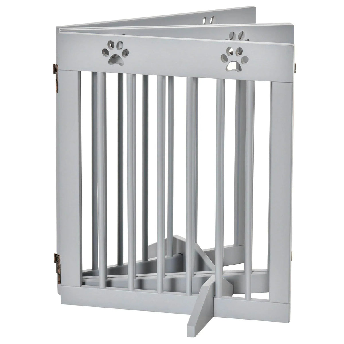 Freestanding gray pet gate with paw-print top trim and hinged door panel