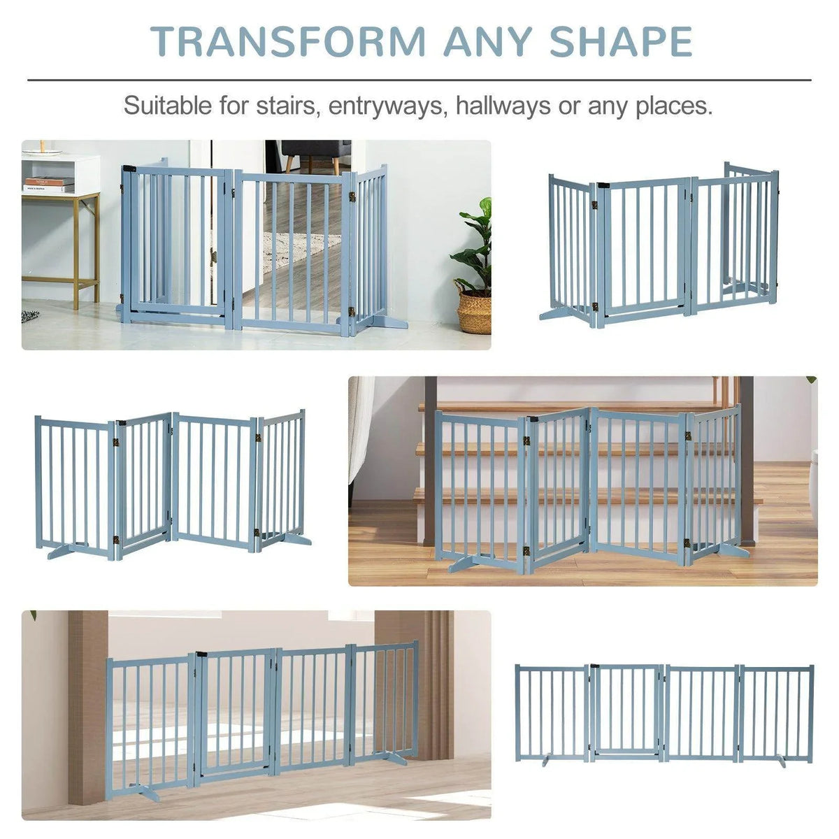 Blue portable pet gate with vertical bars and hinged fold-out panels