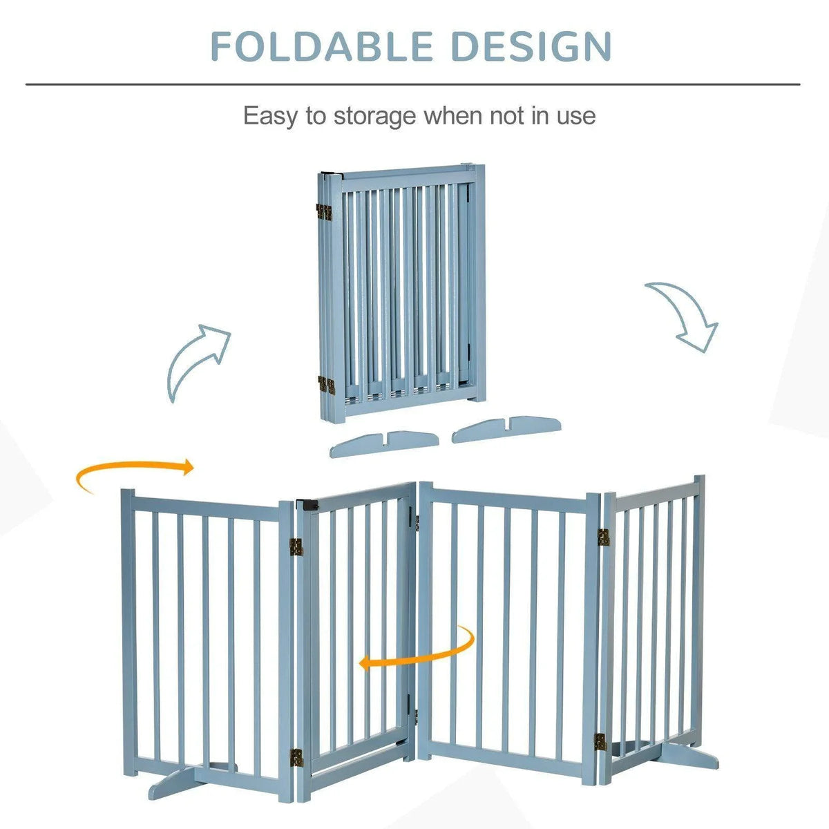 Blue foldable pet gate with vertical bars and compact storage hinge design
