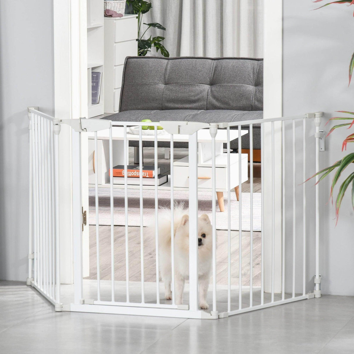 White 3-panel pet safety gate playpen with vertical bars and hinged door opening