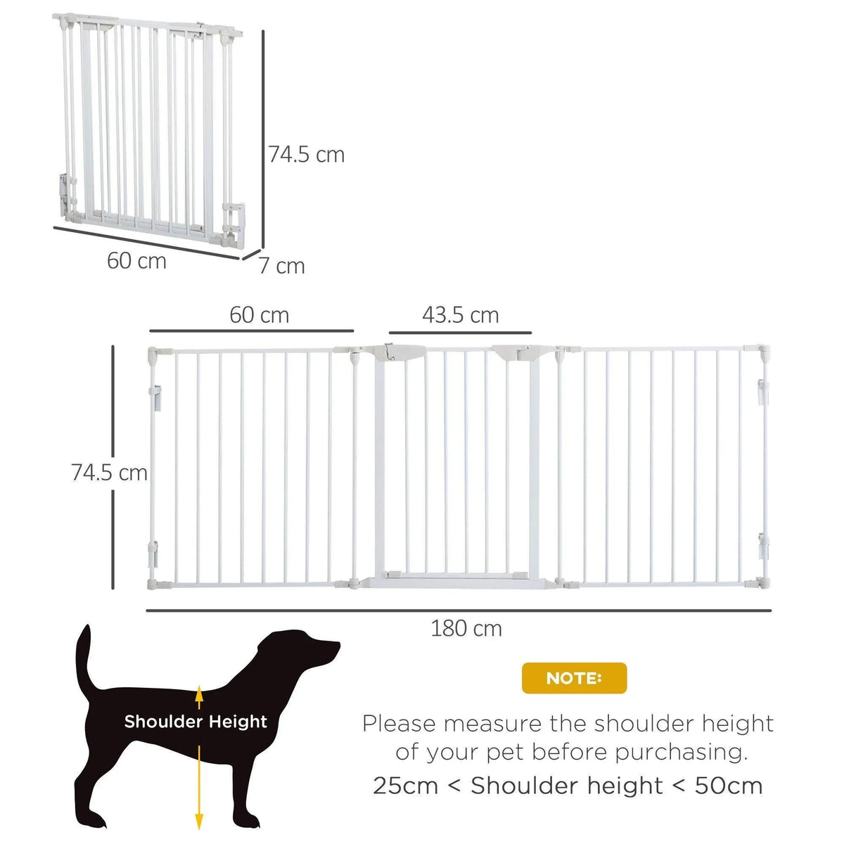 White 3-panel pet safety gate playpen with size layout diagram and height note