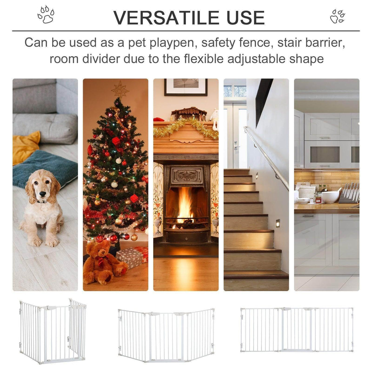White pet safety gate playpen shown in multiple room-divider configurations for pets