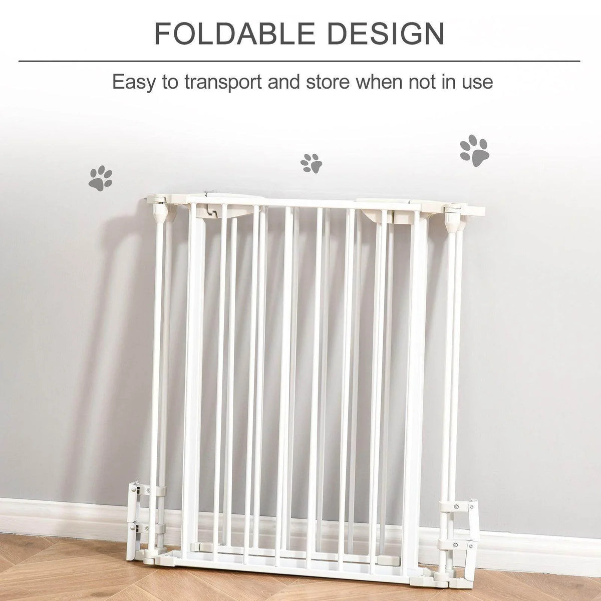 Foldable white pet safety gate playpen with vertical bars and base feet on floor