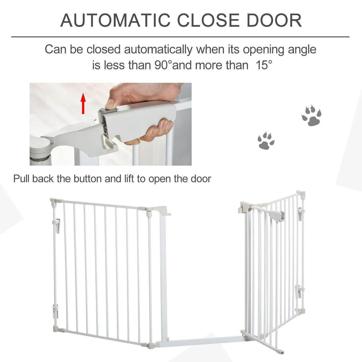 White pet safety gate playpen with self-closing door mechanism and pull button