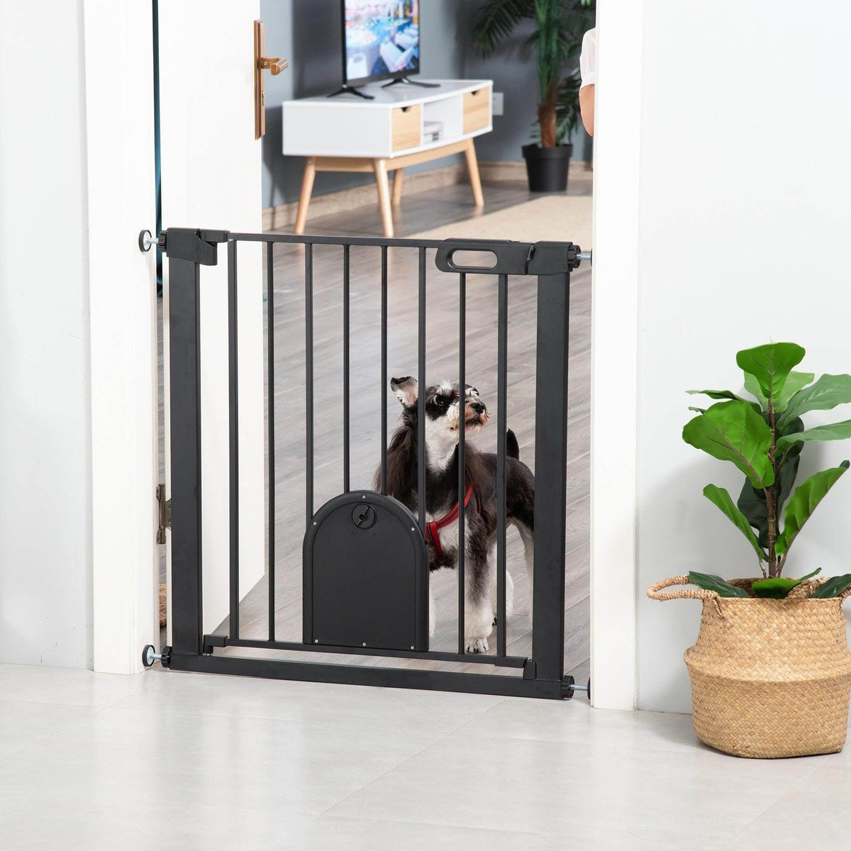 Black pet safety gate barrier with vertical bars and arched small pet door