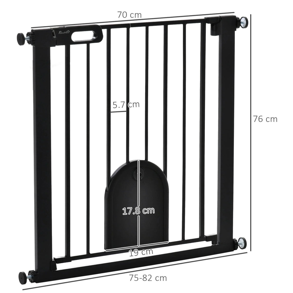 Black pet safety gate with vertical bars and round arched small door, wall mount ends