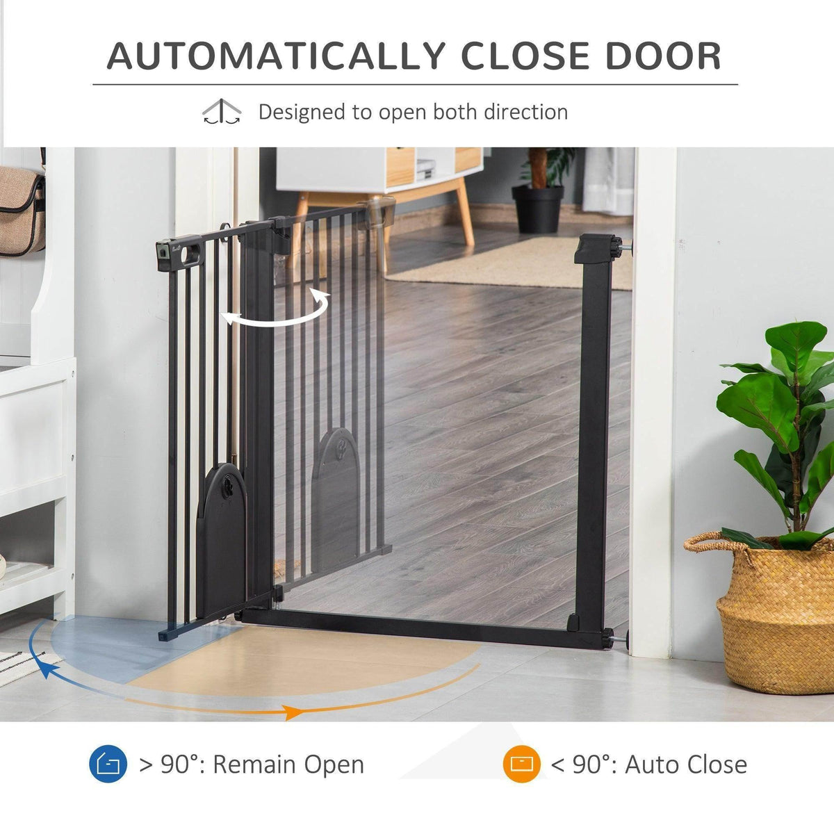 Black pet safety gate barrier with hinged doorway and arched small pet door