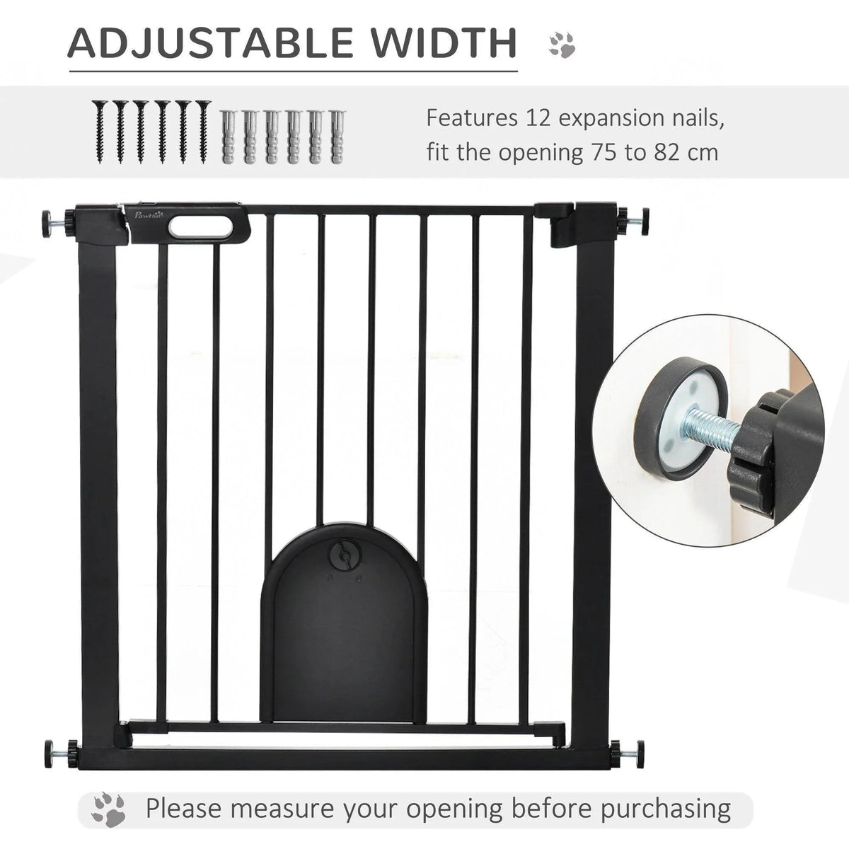 Adjustable-width black pet safety gate with vertical bars and arched small pet door