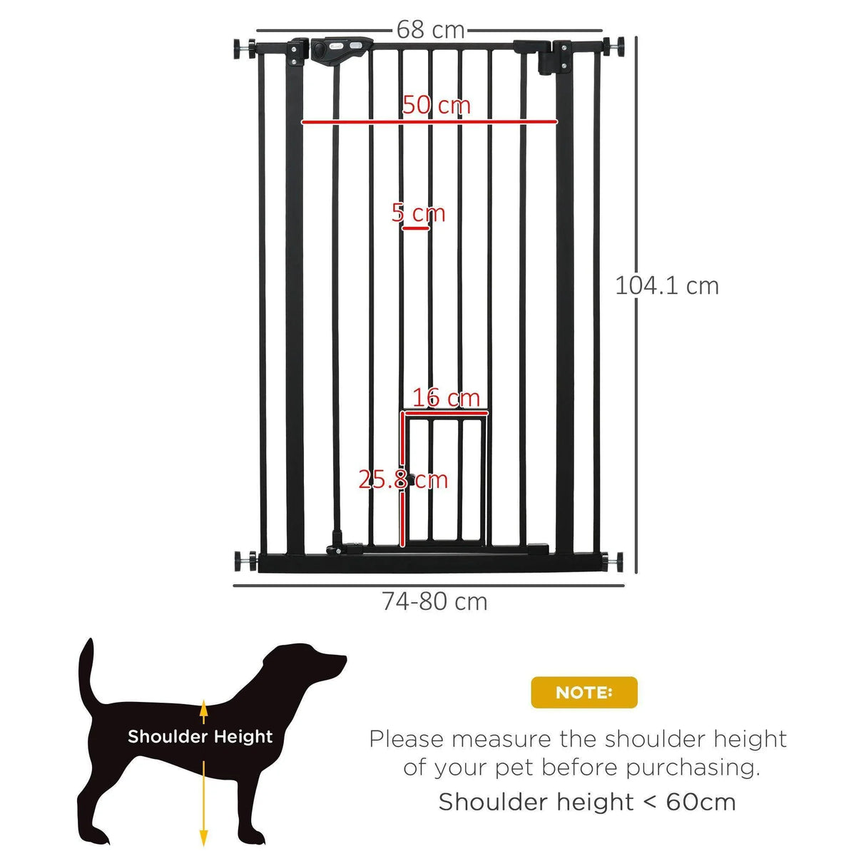 Black pet gate size diagram, 104.1 cm tall with adjustable 74–80 cm width