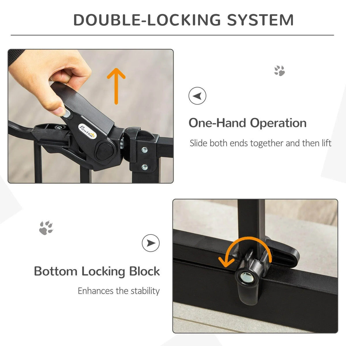 Black pet gate locking system with one-hand sliding latch and bottom locking block