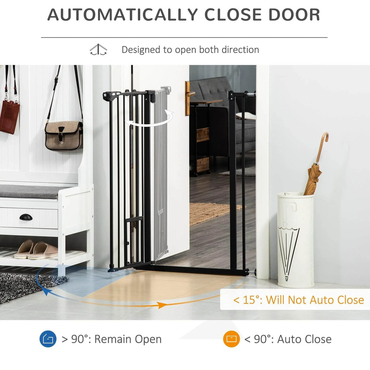 Black automatic close pet gate with door swings both directions and self-closing feature
