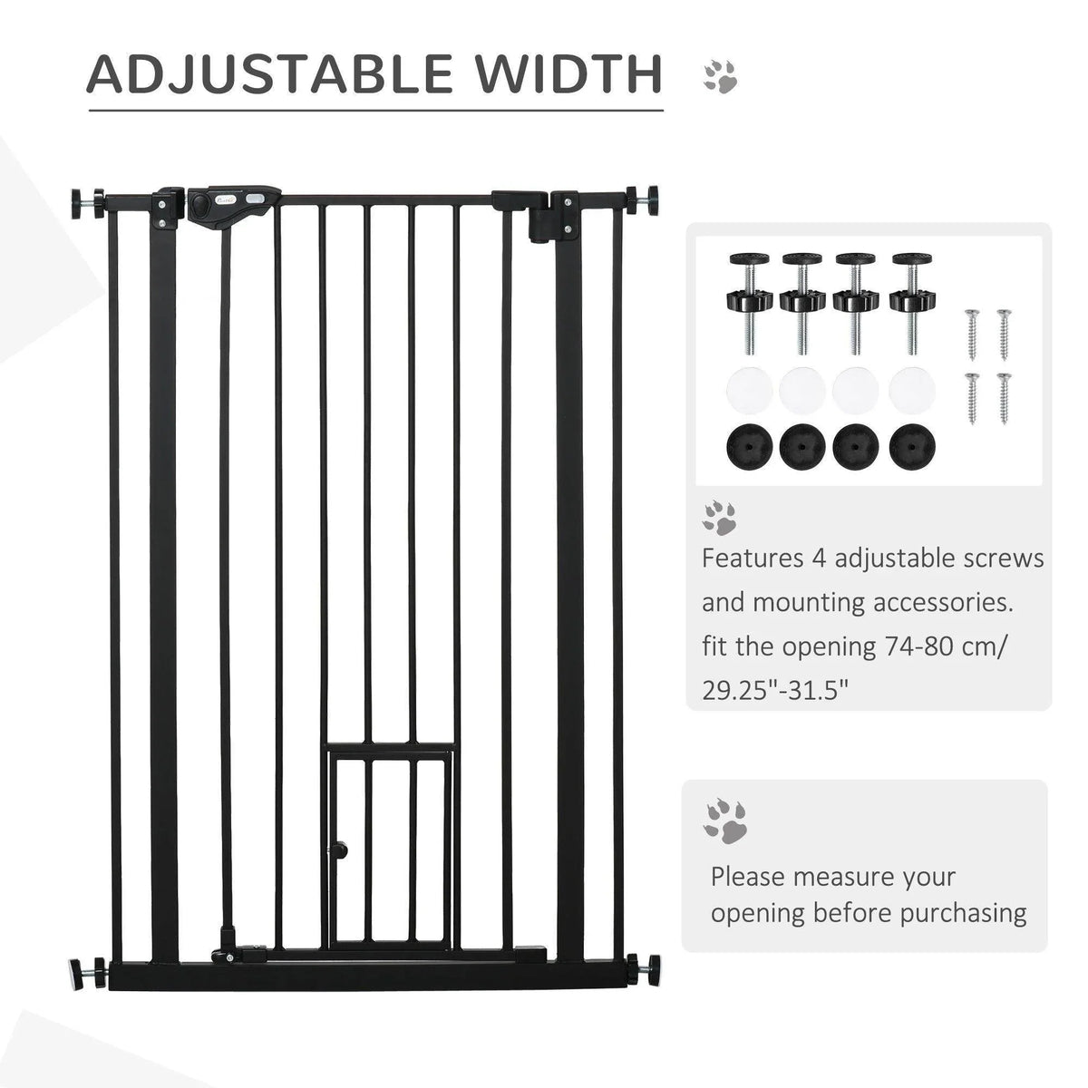 Black pet gate adjustable width setup, includes four screws and mounting accessories