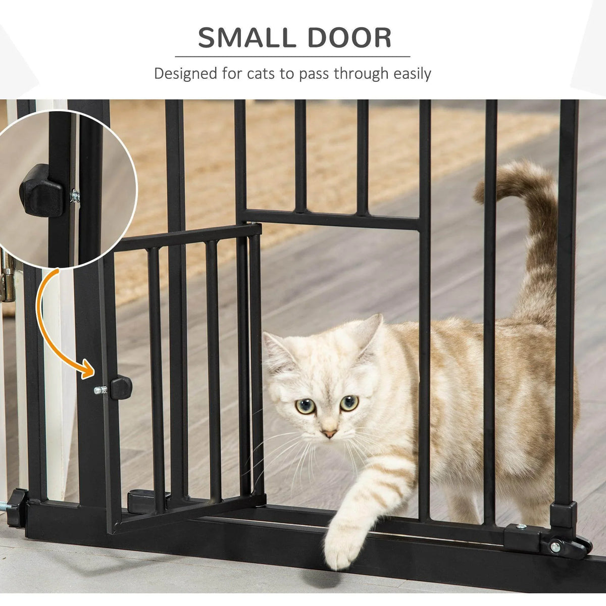 Black pet gate small cat door, cat rests on floor behind vertical bars