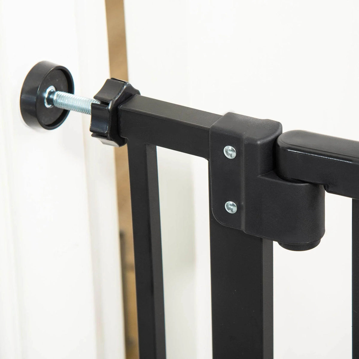 Black pet gate side bracket hinge with threaded mount bolt and latch arm