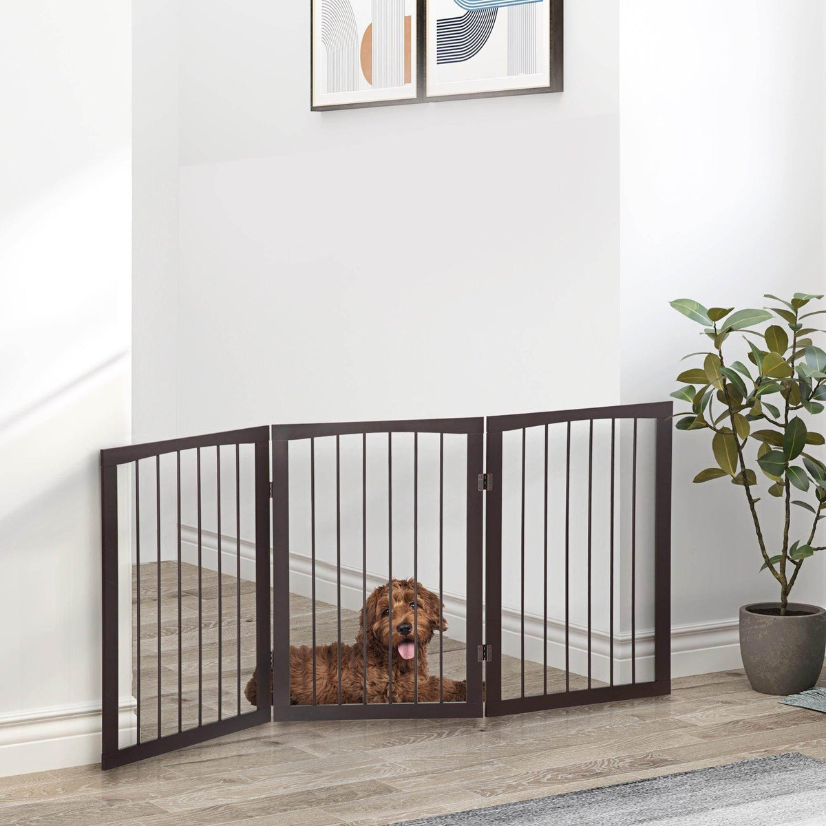 PawHut dark brown folding dog gate with vertical bars and double hinged panels
