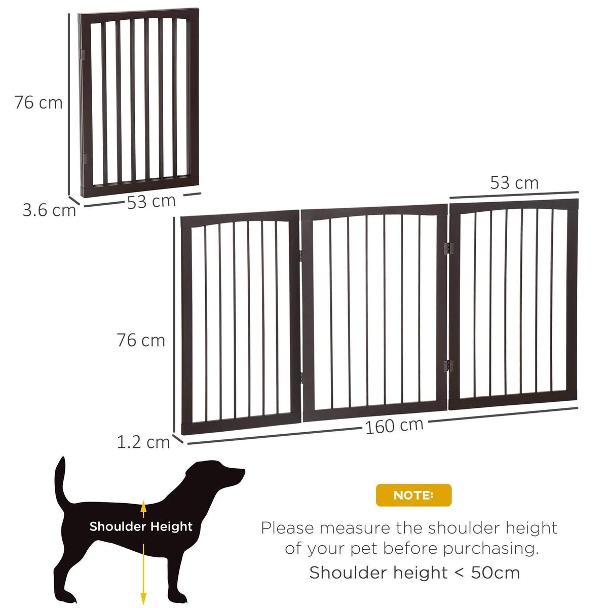 PawHut dark brown foldable dog gate shown with dimensions and three-panel layout