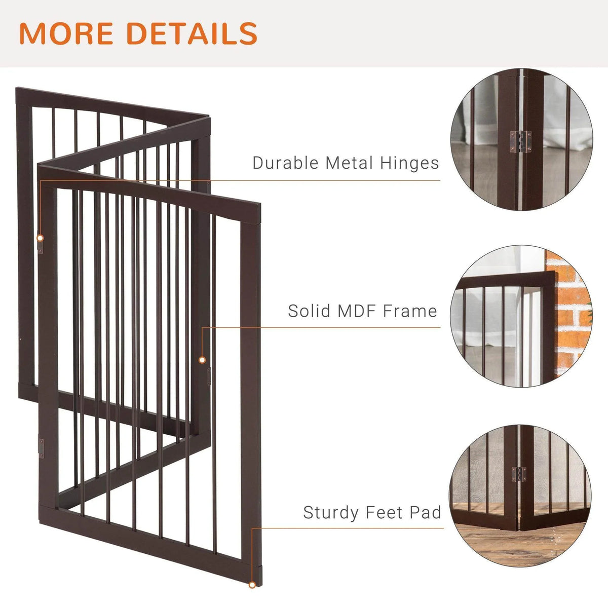 PawHut foldable dog gate with dark MDF frame and metal hinge details