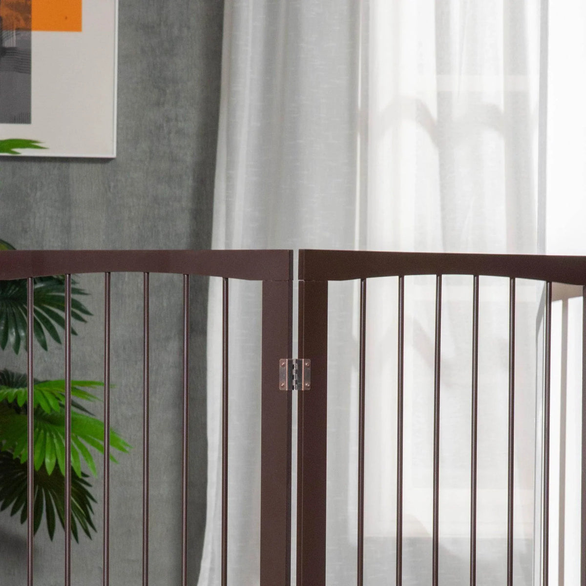 PawHut indoor dog gate corner view with vertical bars and metal hinge latch