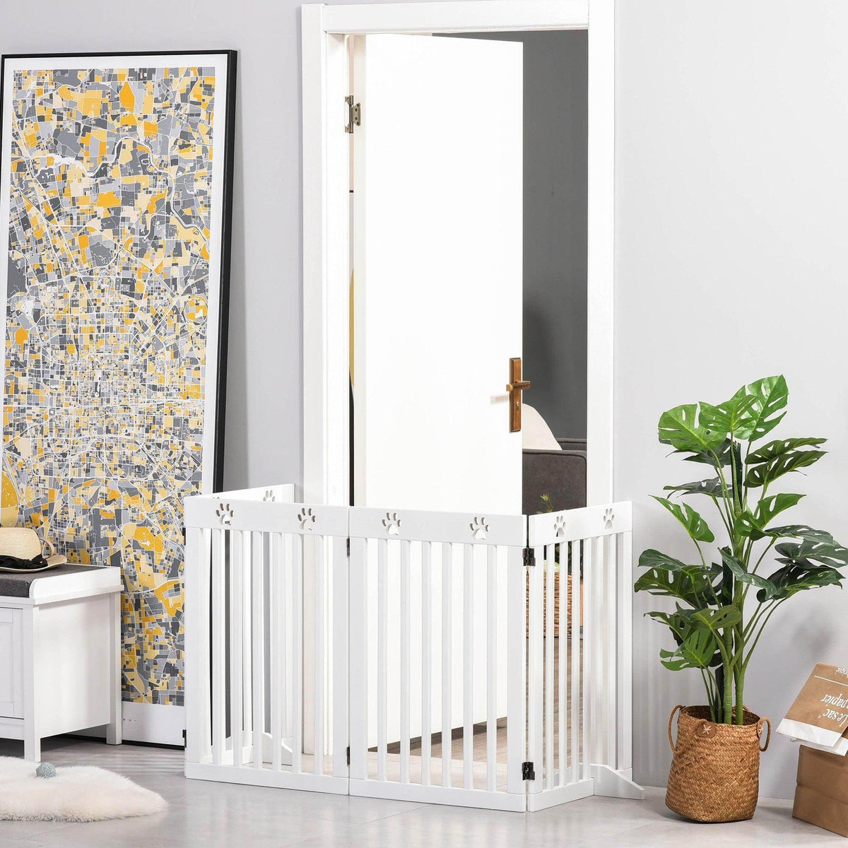White 4-panel foldable pet gate with vertical bars, freestanding fence-style enclosure
