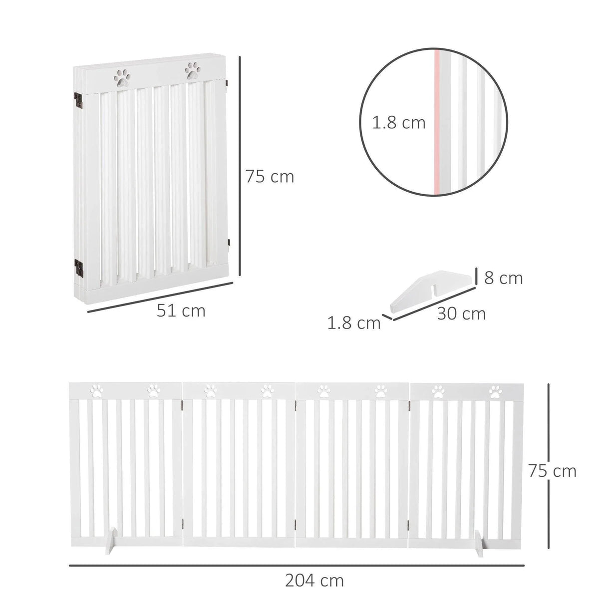 White pet gate with 4 panels and size diagrams showing panel width and height