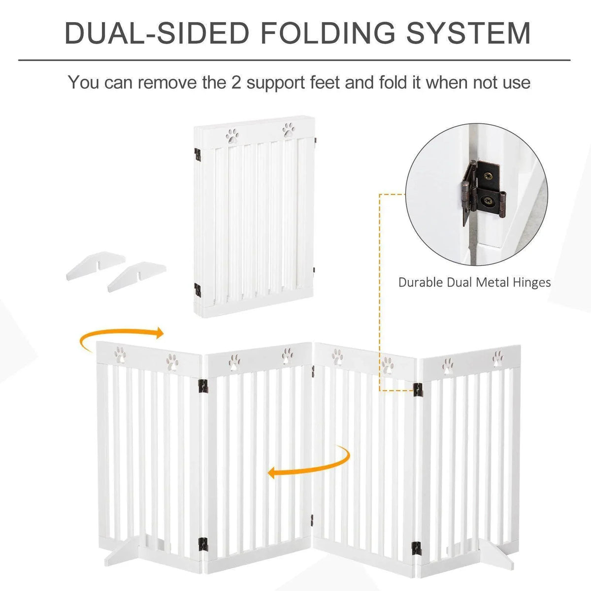 White dual-sided folding pet gate with black metal hinges and paw-print accents