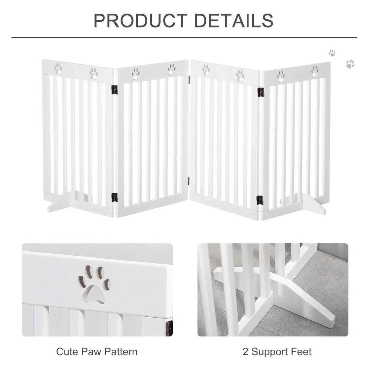 White pet gate with paw-print panel details and two fold-out support feet