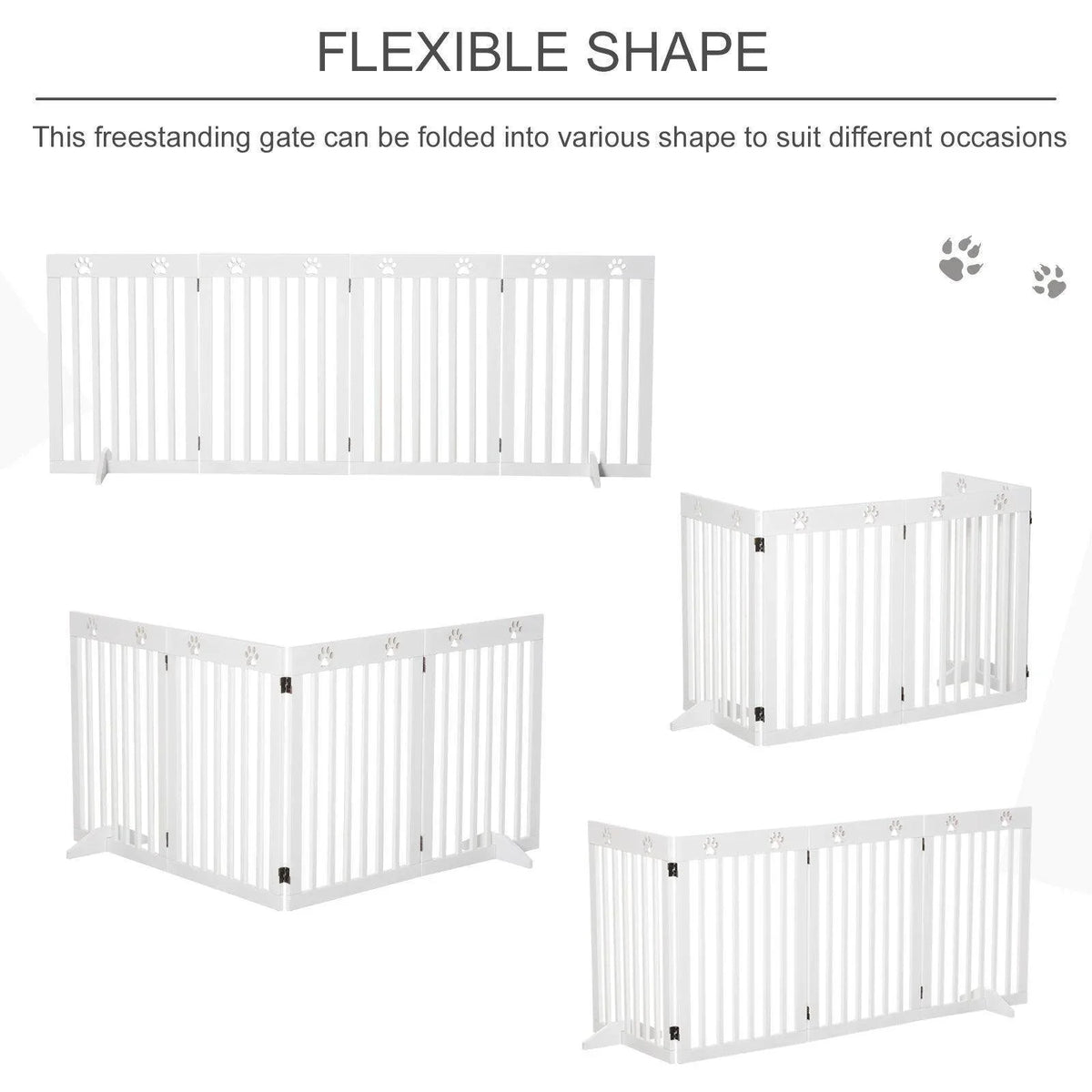 White foldable pet gate shown in multiple shapes with connected side panels