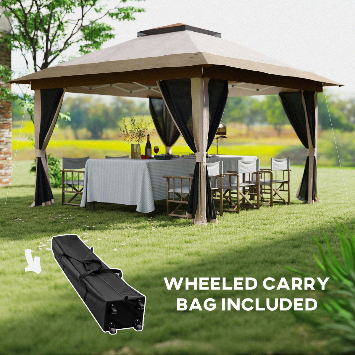 Beige pop-up gazebo with side curtains and included wheeled carry bag
