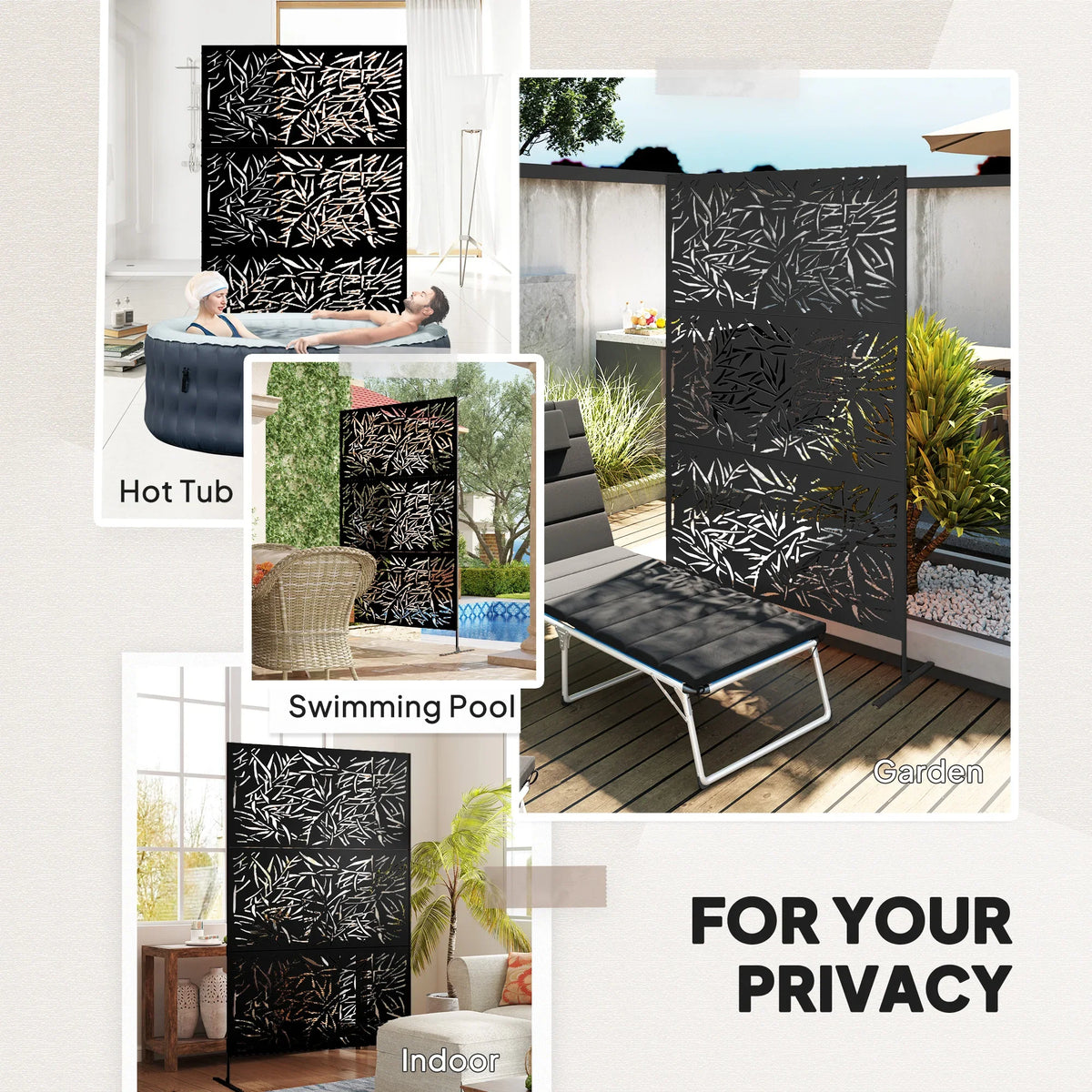 Black bamboo-style privacy screen with leaf cutout metal panel for indoor or outdoor use