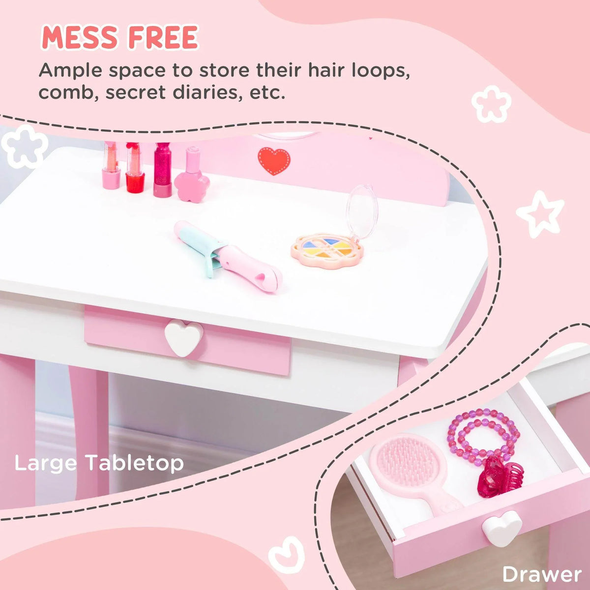 Pink vanity table with wide tabletop and white heart drawer handle, grooming accessories