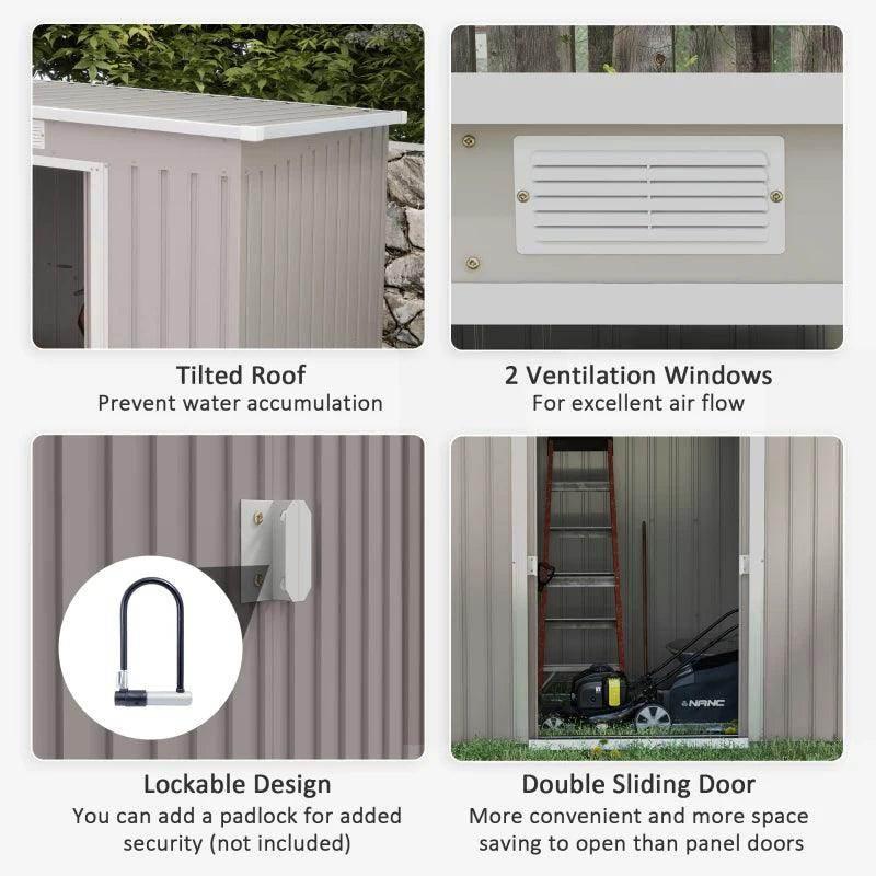 Grey metal outdoor storage shed with two ventilation windows and lockable double doors