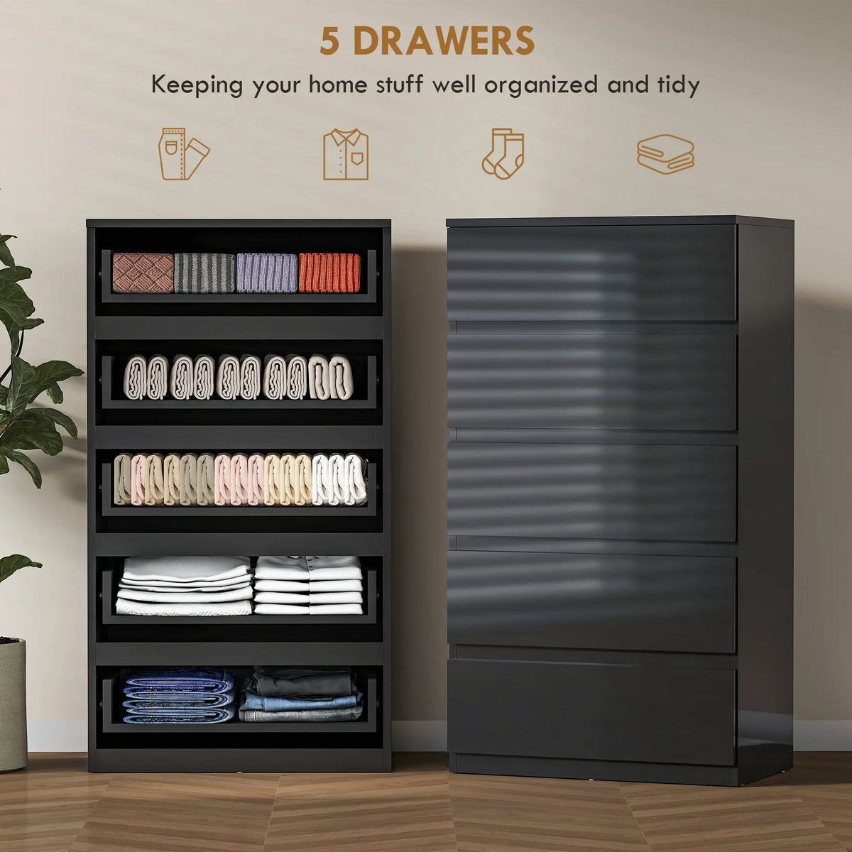 Five-drawer dresser chest with open interior, storing folded linens and socks
