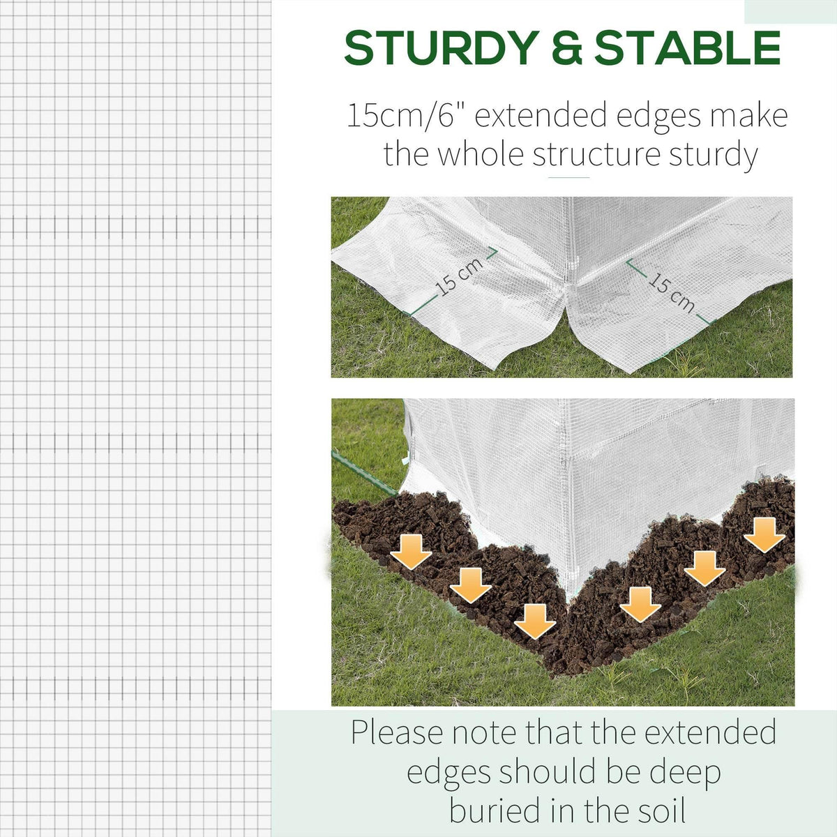 White PE greenhouse cover with extended bottom edges for burying in the soil