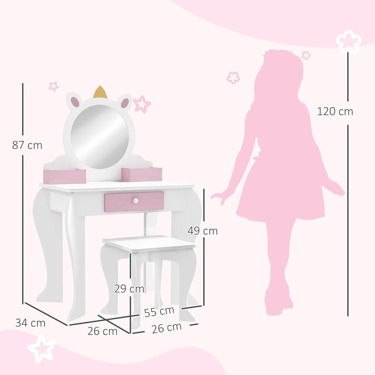 White kids dressing table set with unicorn mirror and stool, shown with size diagram