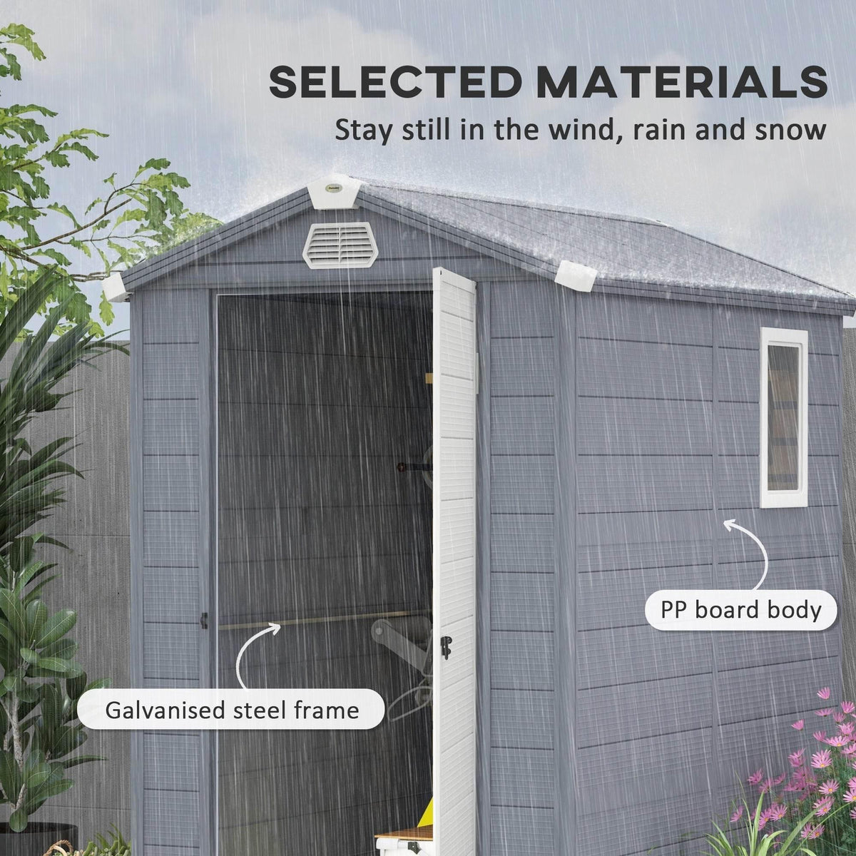 Grey outdoor storage shed with galvanized steel frame and front double door opening