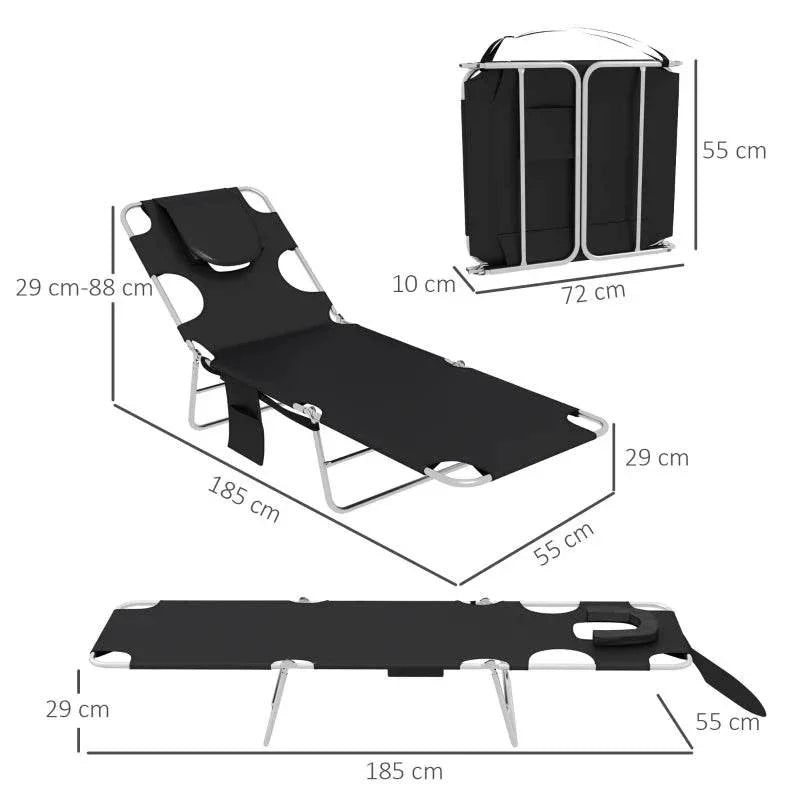 Black foldable sun lounger with reading hole, arm slots, and 5-position adjustable backrest