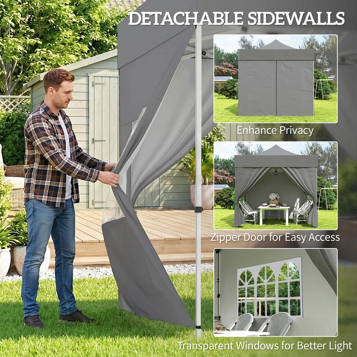 Dark grey detachable sidewall with zippered door and transparent window panel