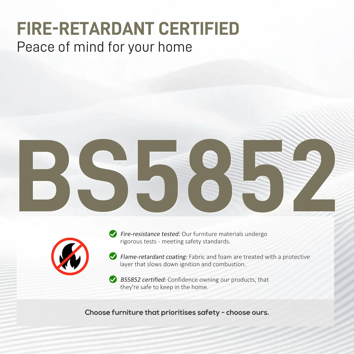 Fire-retardant certified sofa materials label with safety information for home.