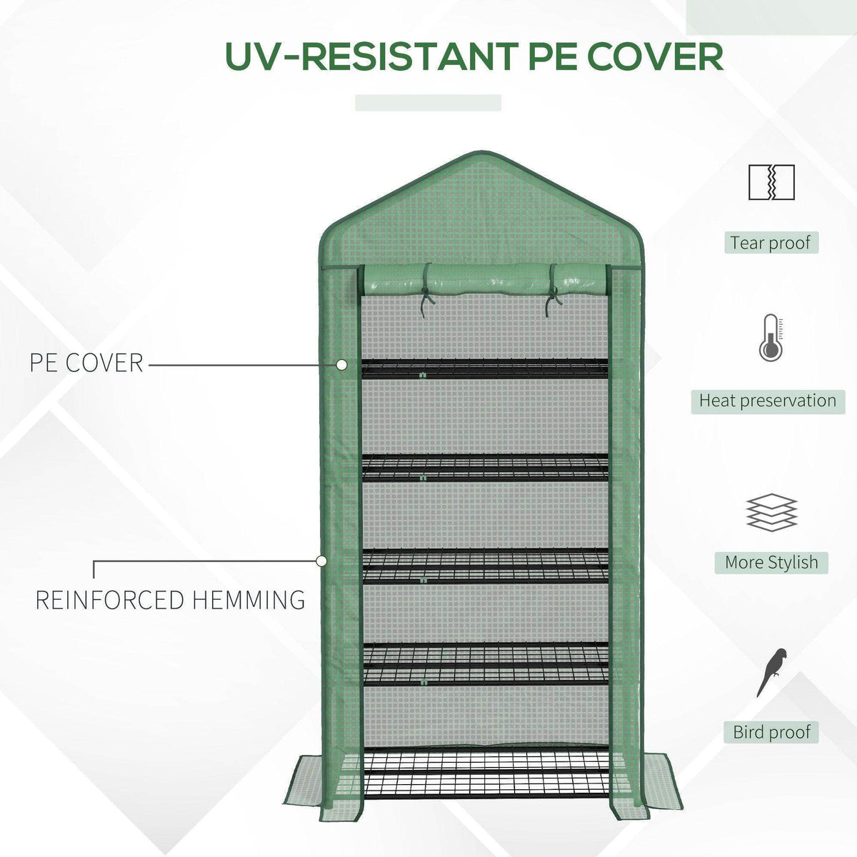 Green mini greenhouse with reinforced hem PE cover, front view with feature labels
