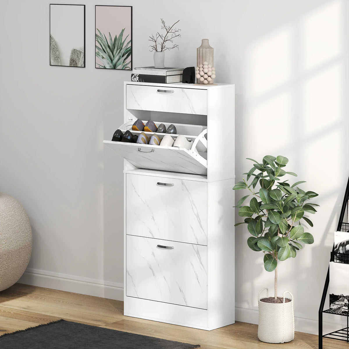 White marble-look shoe cabinet with open flip drawers and adjustable interior shelves